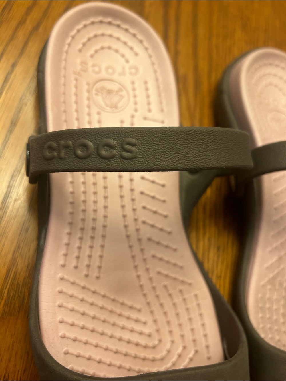 CROCS Two-Strap Slides - Light Pink Insole with Brown Straps - Picture 2 of 4
